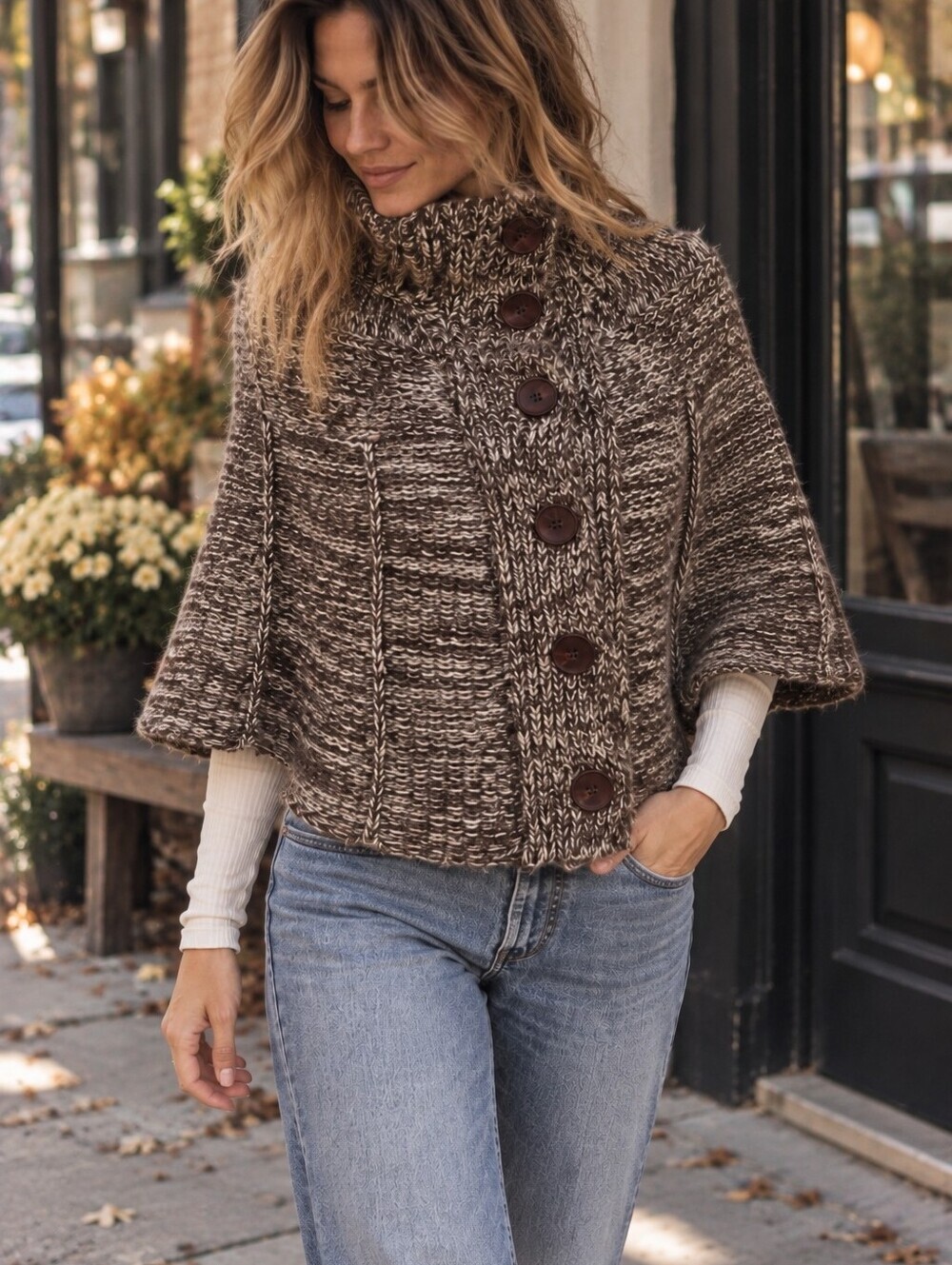 Kenneth Cole Marled Chunky Knit Cape Cardigan Brown Cream One Size S/M